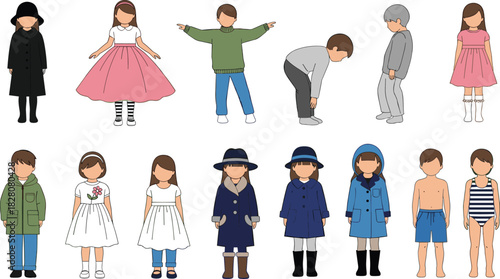 Set of diverse faceless children characters standing in seasonal outfits, boys and girls fashion collection, winter and summer clothes, vector.