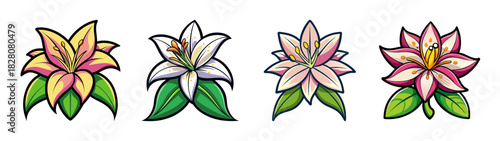 Stylized colorful lily flowers with green leaves in various shades of pink, yellow, and white