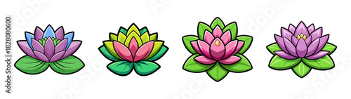 Set of four stylized colorful lotus flowers with green leaves, depicting natural beauty and tranquility