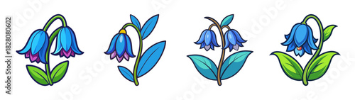 Collection of four cartoon bluebell flowers with vibrant blue and purple petals and green leaves