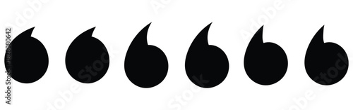  Flat comma silhouette icons set. Black dark isolated modern inverted commas icon set on white background. Modern vintage collection of quote. Set of different comas icons. EPS 10. 