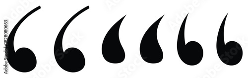  Flat comma silhouette icons set. Black dark isolated modern inverted commas icon set on white background. Modern vintage collection of quote. Set of different comas icons. EPS 10. 