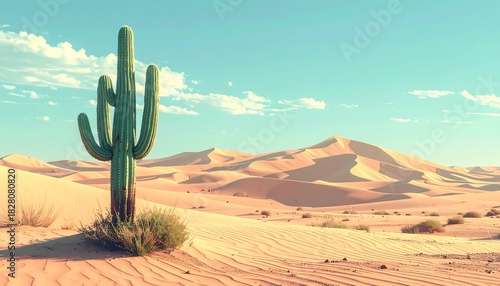 Fototapeta Naklejka Na Ścianę i Meble -  Desert landscape with a tall saguaro cactus against a blue sky with wispy clouds and sand dunes