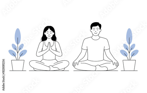 Two people meditating and practicing yoga in a serene environment.