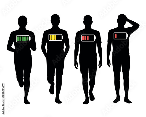 Four silhouettes of men displaying different energy levels with battery icons on their chests.