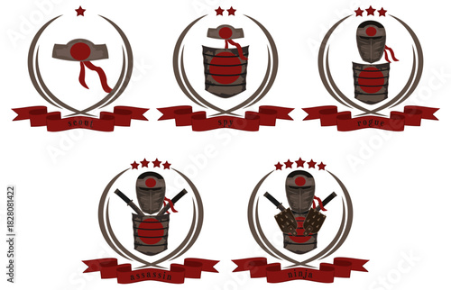 Ninja Class Progression Avatars Set: A 5-level vector icon collection for UI/Gaming, evolving from Scout to Master Ninja. Japanese-themed designs feature ranking stars, armor, face masks, and swords
