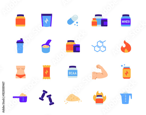 Sport supplements and fitness nutrition icon set. Colorful signs with jar of protein and energy supplements for muscle growth and strength. Flat vector illustration collection isolated on background