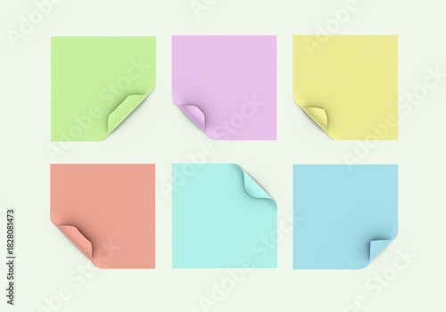 Set of pastel colored sticky notes, note papers with curled corners. Infographic material.