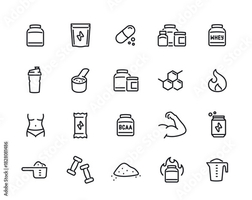 Sport supplements and fitness nutrition line icon set. Simple symbols with protein can, amino acids, and gainer for muscle mass gain. Outline vector illustration collection isolated on background