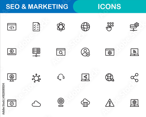 SEO and internet marketing icon set line style, game development, clean code, landing page optimization, keyword search, upload, download, coding, forum, mobile seo, social media, search optimization.