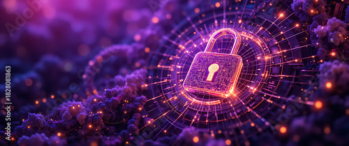 Abstract High-tech cybersecurity abstract in vibrant purple and gold tones, rotating digital golden metallic 4d neon pop up glass lock hologram, fractal data geometry, shimmering grids, softly glowing