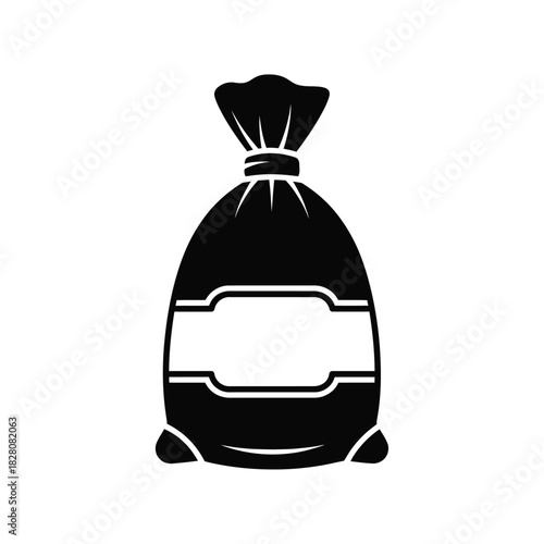 Black silhouette of a tied bag with a label white