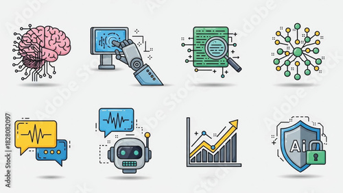 A specialized collection of Artificial Intelligence (AI), Machine Learning, and Data Science line icons in a modern, colorful style. Features include AI brain, robotic interaction, data analysis.