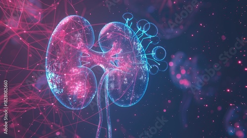 Visualization of glowing human kidneys with a complex network of luminous lines and structures. The construction of the anatomical organ of the human kidney.