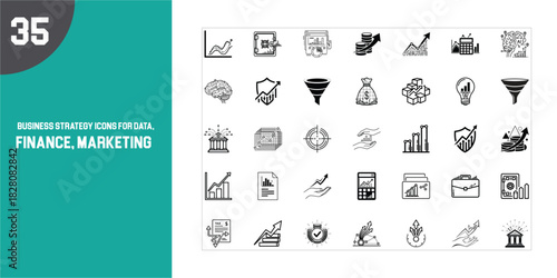 Icon set for business strategy, finance, and marketing