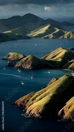 Stunning aerial view of the Marlborough Sounds, New Zealand, with yachts sailing on the calm waters and lush green hills under a dramatic sky.