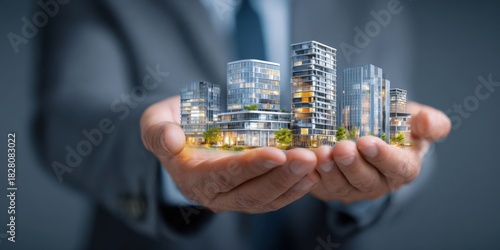 Businessman Holding Real Estate Icon with Building Illustration for Investment and Development