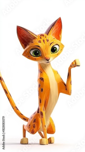 Adorable Animated Serval Cat Character with Big Eyes and Playful Demeanor on White Background.