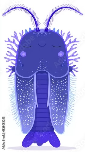 Cute Blue Cartoon Sea Creature with Antennas and Gills on White Background.