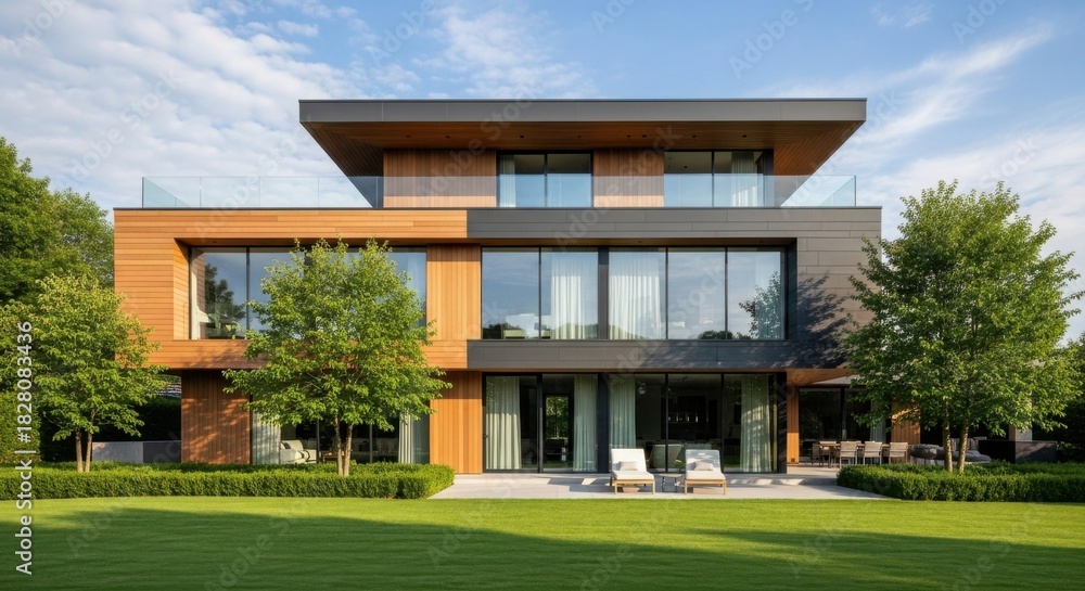 Obraz premium Modern luxury house with wood facade and large glass windows real estate