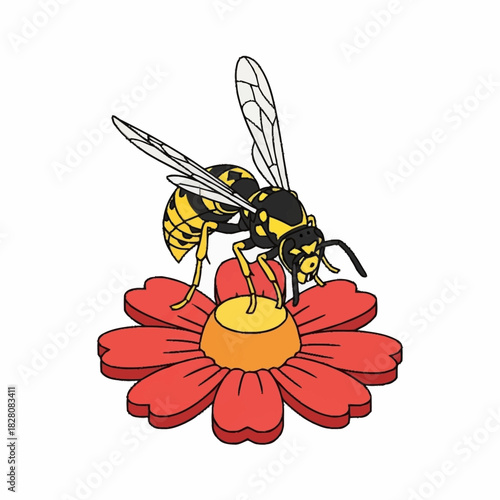 A detailed illustration of a yellow and black wasp perched on a vibrant red flower.