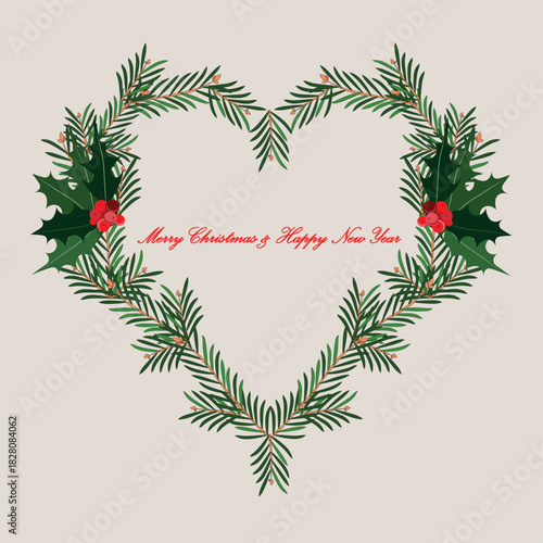 Merry Christmas & Happy New Year banner Christmas tree heart shaped, holly design element stock vector illustration