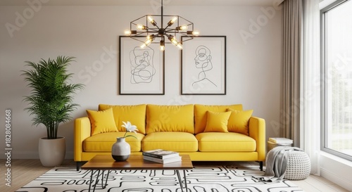 Modern living room with yellow sofa and abstract art