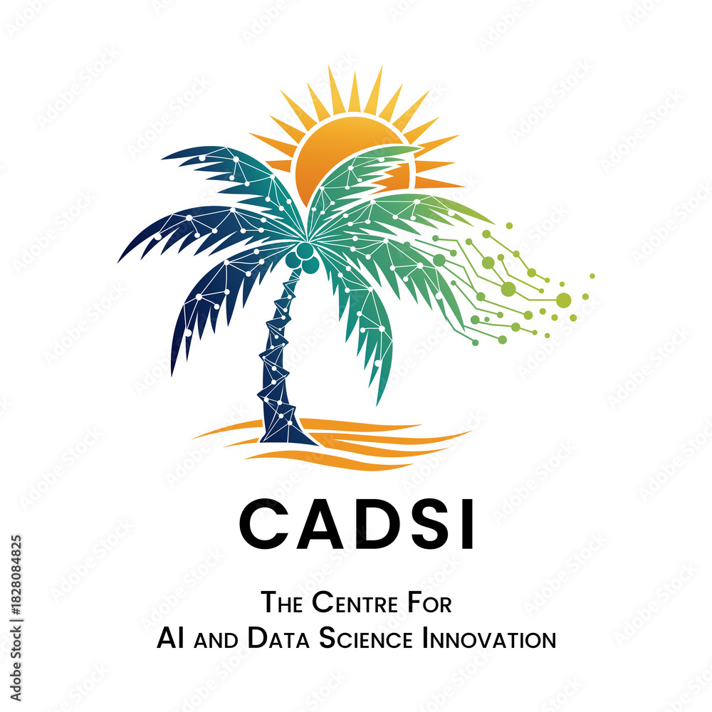 Naklejka premium A vibrant, modern logo featuring a stylized palm tree set against a rising sun. The sun is a warm gradient of orange and yellow with sharp rays extending outward, symbolizing energy and growth.