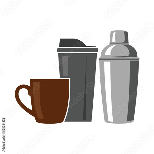 A coffee mug, a shaker, and a travel cup stand together.