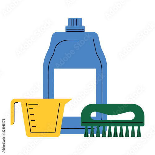 A bottle of cleaning liquid with a measuring cup and brush.