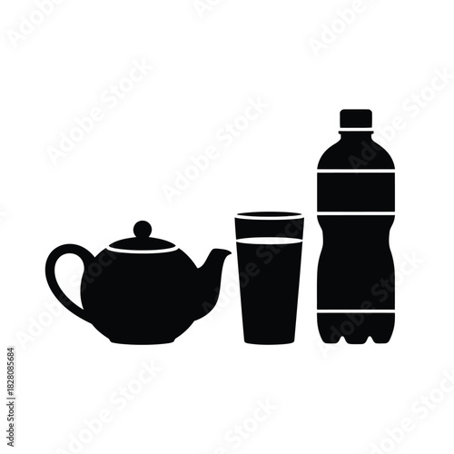 A teapot, a glass, and a water bottle are displayed together.