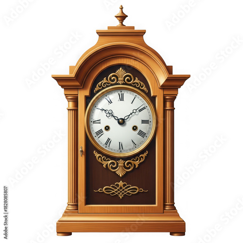 Antique wooden mantel clock with ornate gold detail isolated on transparent background