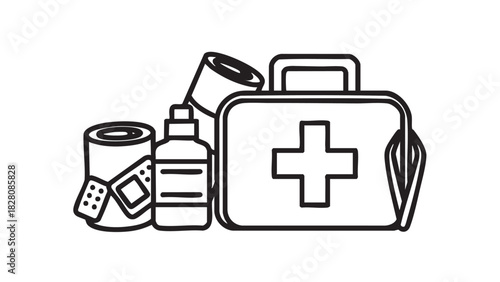 Essential medical supplies for emergency preparedness, featuring a first aid kit, bandages, and medicine bottles, illustrating health and safety readiness