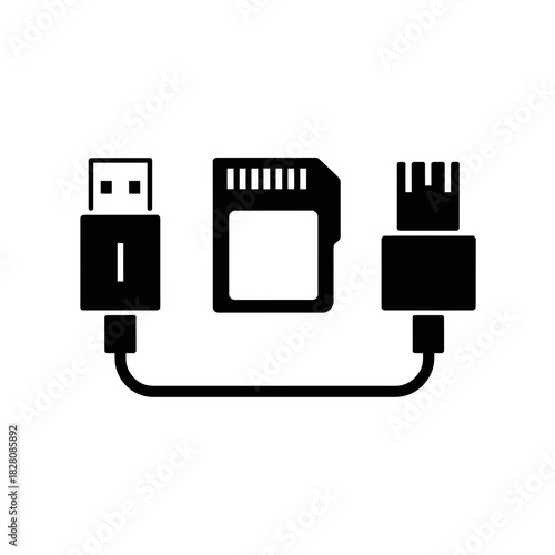 A USB drive and an SD card are connected by a cable.