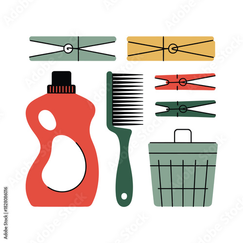 Laundry detergent, clothespins, a comb, and a hamper are displayed against a white background.