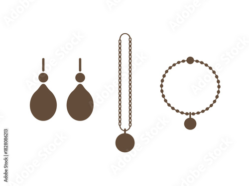 A set of earrings, a necklace, and a bracelet are displayed on a white background.
