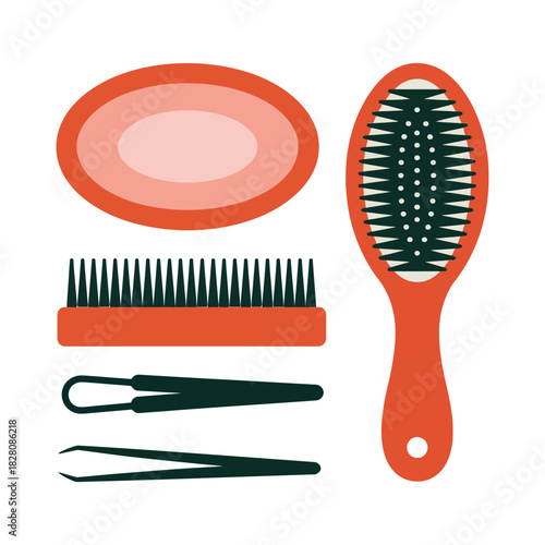 A set of personal grooming tools including a comb, brush, tweezers, and nail file are displayed.