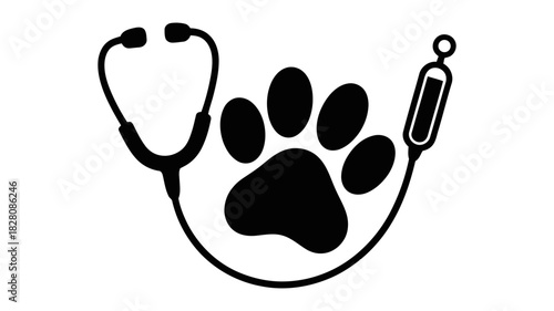 Veterinary icon depicting a stethoscope, paw print, and syringe, symbolizing animal health, pet care, and professional veterinary services.