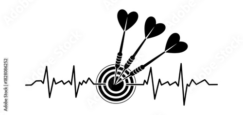 Heartbeat line encircling a bullseye target with three heart-fletched darts symbolizing precision, passion, goal achievement, and vital success