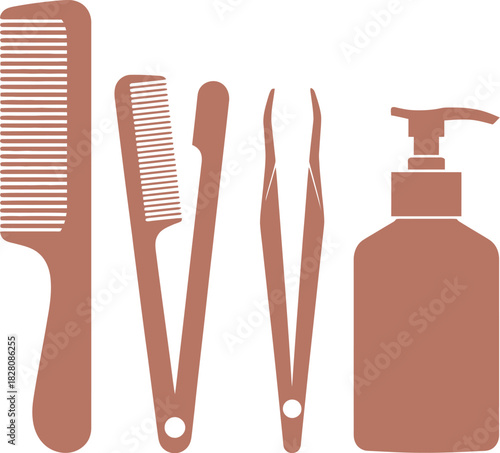 A collection of personal grooming tools and products is arranged on a white background.
