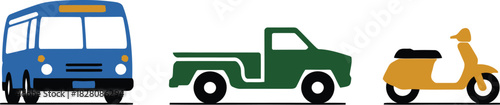 A blue bus, a green truck, and a yellow scooter are displayed side by side.