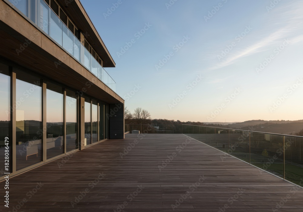 Obraz premium Luxurious contemporary residential building featuring large glass facades and an expansive wooden terrace overlooking a pristine landscape ,nature ,wood ,minimalist