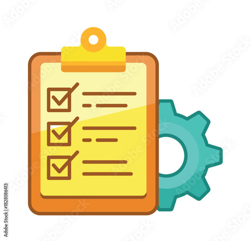 A clipboard with a checklist and a gear symbolize tasks and efficiency in business.