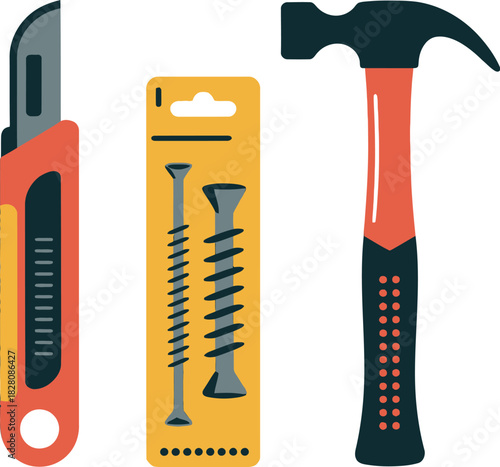 A utility knife, a package of screws, and a hammer are laid out on a white background.