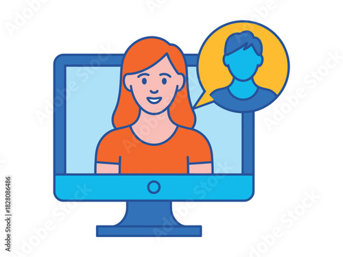 A smiling woman communicates with another person via a video call on her computer screen.