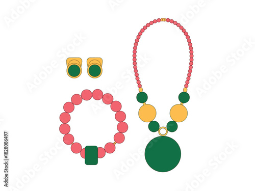 A colorful set of costume jewelry including a necklace, bracelet, and earrings.