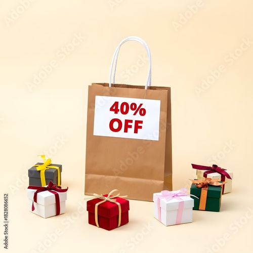 40 percent off sale shopping bag and festive small gift boxes