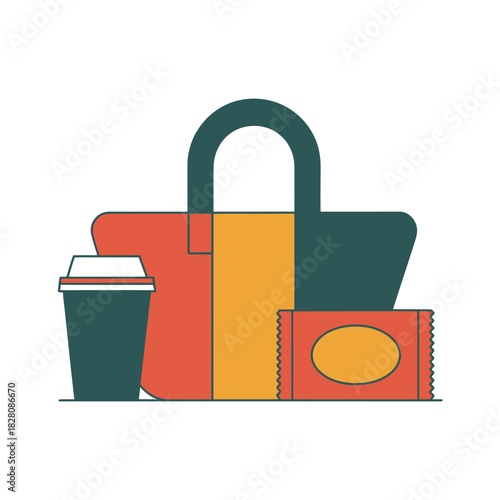 A reusable shopping bag holds a coffee cup and a snack bar.