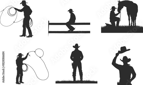 Silhouette collection of cowboys in various poses with horses and lasso