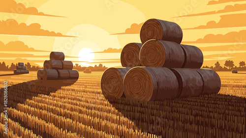 Hay bales stacked in golden field at sunset with soft clouds  
